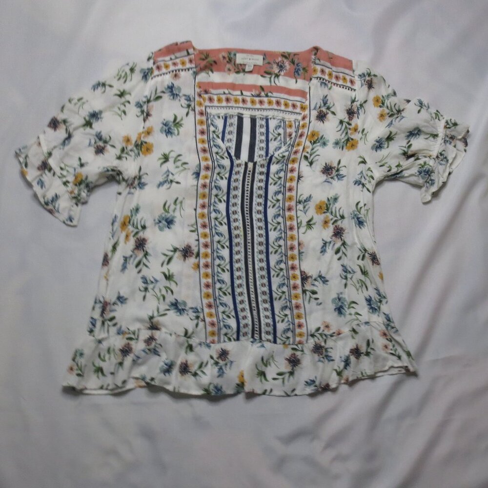 LUCKY BRAND womens SHIRT cream BOHO top BLOUSE floral LIGHTWEIGHT yellow SIZE M - Picture 3 of 10